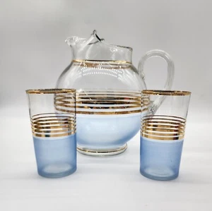Vintage MCM Blue w/Gold Stripes Ball Pitcher Set w/2 matching Glasses /Tumblers - Picture 1 of 9