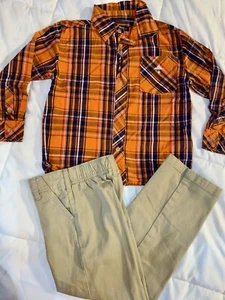 Boys Outfit Fall Winter Size 5 Orange Plaid Button Down Khaki Pants - Picture 1 of 6