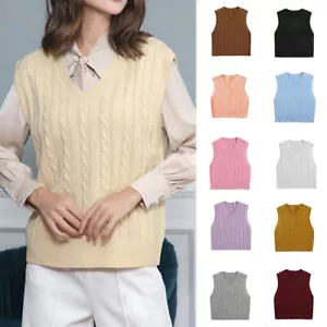Women Knitted Jumpers Vest V Neck Waistcoat Sweater Tank Top Solid Casual Warm ∂ - Picture 1 of 33