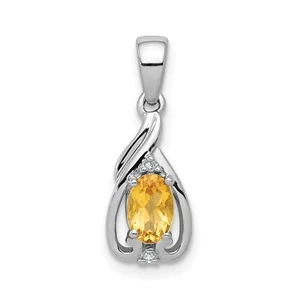 Sterling Silver Rhodium Plated Yellow Citrine & Diamond Oval Teardrop Pendant - Picture 1 of 2