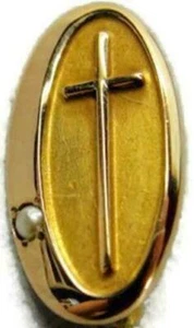 10K Yellow Gold Oval Cross Pearl Religious Church Pin 1.57 Grams Vintage Brooch - Picture 1 of 10