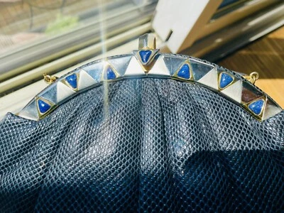 Vtg judith Leiber karung leather/snakeskin gray blue bag, w/real lapis.Art deco! - Imagem 1 de 4