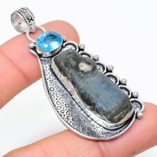 Blue Kyanite, blue Topaz Gemstone Handmade Silver Jewelry Pendant 2.48" f993