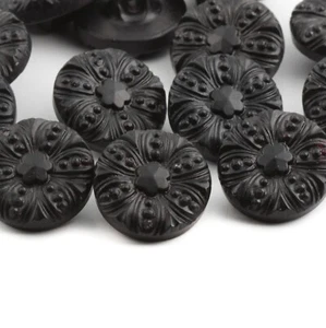 Lot (12) Czech vintage Deco floral black glass buttons 18mm - Picture 1 of 2