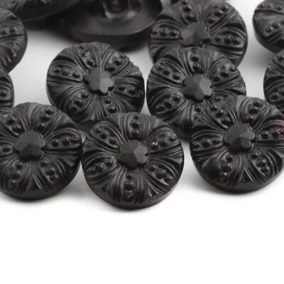 Lot (12) Czech vintage Deco floral black glass buttons 18mm - Image 1 of 2