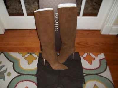 NIB Gucci Kid Scamosciato Nut Brown Suede Leather Knee High Boots 10.5 Medium - Image 1 of 4