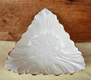 VTG Lenox China Triangle Bowl Dish Woodland Collection Leaves Cream Gold Rim - Picture 1 of 10