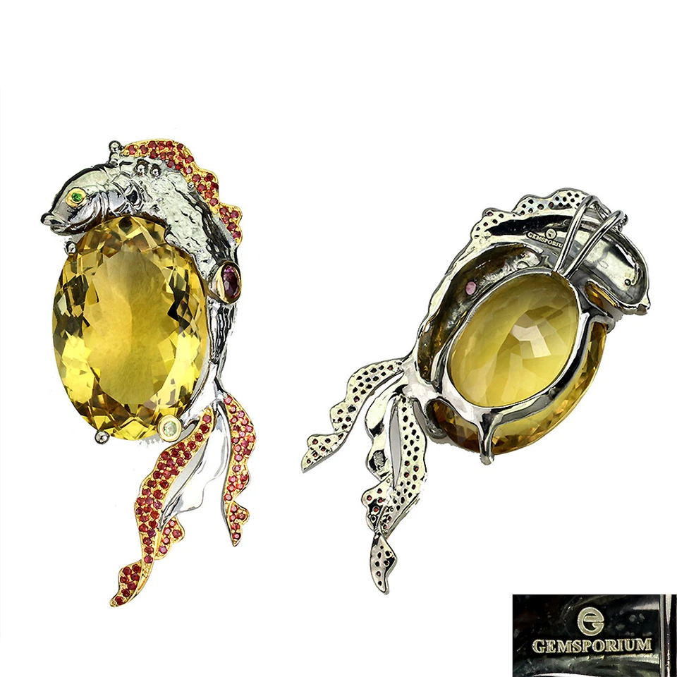 Pendente Ovale In Argento Sterling 925 Citrino 39 Ct Zaffiro Pesce Gioielli - Immagine 1 di 4