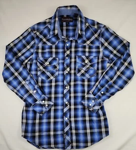 Rock & Roll Cowboy Hemd blau und schwarz kariert mit Perlen Druckknöpfen Herren Small - Bild 1 von 13