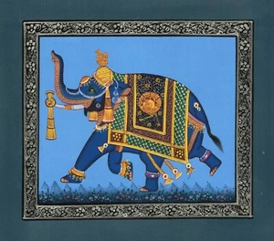 Pintura en miniatura india estilo indio elefante sobre tela de seda 7,5 x 6,5 pulgadas - Imagen 1 de 5