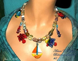 Arturo E.Reyna OCEAN SCENE LAMPWORK BEADS GLASS CHARMS BOATS FISH NECKLACE - Picture 1 of 10