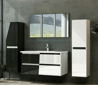 Badmöbel Set Weiss Schwarz Hochglanz 6 Teilig Badezimmermöbel Soft-Close-System - Bild 1 von 3