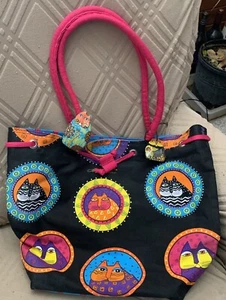 Laurel Burch Vtg Cat Canvas Tote Handbag Black W/pink Shoulder & 2 Wood Tags - Picture 1 of 14