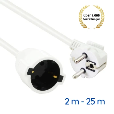 HELOS Verlängerungskabel Schuko Stromkabel Verlängerung Schutzkontakt weiß, 2 - 25 m