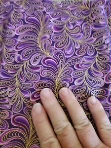 Vntg Sewing Fabric Bernartex Purple Feather Swirl Gold Metallic Cotton 20x45" - Picture 1 of 7