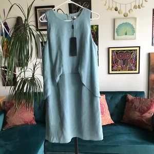 HALSTON size 10 Mint Blue Twisted Crinkle Sleeveless Layered Look Dress NWT - Picture 1 of 5