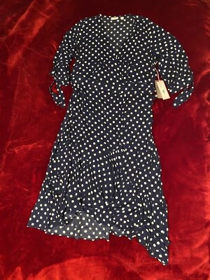 Vestido New York & Company Azul Marino/Blanco Lunares Envolvente Cuello en V Nuevo con Etiquetas Talla L Foto 1 de 4