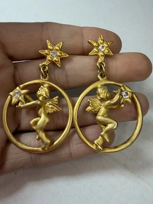 Vintage Earrings Pierced Cherub Angel Star Matte Goldtone Dangle Hoop - Image 1 of 4