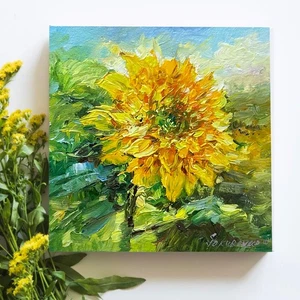Bright Yellow Sunflower original oil painting impressionism flower art 6x6 in - Picture 1 of 6