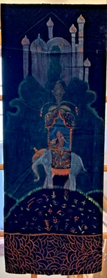 Vintage Hand Painted Velvet Wall Hanging Elephant & Palace Scene 57"x20" - Image 1 of 4