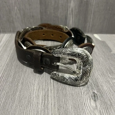 Vintage Tony Lama Western USA Brown Leather Silver Conchos Belt Women's Size 32 - Image 1 of 4