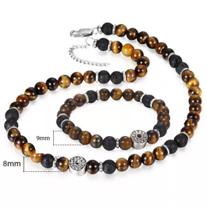 8mm Yellow Tiger Eyes Stone Lava Beads Necklace Bracelet Jewelry Set Adjustable - Picture 1 of 13