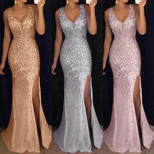Women Sequin Weddig Cocktail Formal Prom Evening Party Long Maxi Dress Ball Gown - Picture 1 of 21