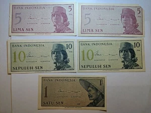 1964, 1,5 & 10, Sen Indonesia Lot of 5 UNC / or High Grade Value Banknotes-15 - Picture 1 of 7