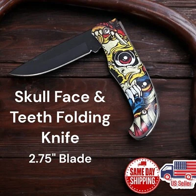 Cuchillo Plegable de Bolsillo Manual Cara y Dientes Calavera 6" Caza Camping Carpintería Foto 1 de 3