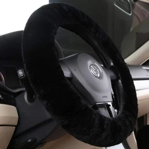 Soft Plush Sheepskin Steering Wheel Cover - Universal Fit 14.5"-15.5" Black - Picture 1 of 9