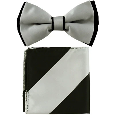 New formal Men's polyester pre-tied bow tie_hankie black silver stripes prom - Image 1 of 3