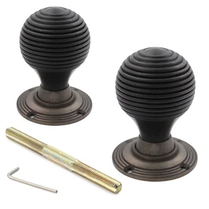 Ebonised & Matt Antique Brass Wooden Beehive Mortice Rim Door Knobs Knob Pair - Picture 1 of 3