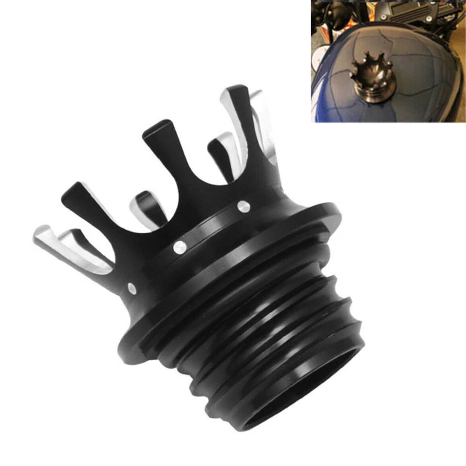 Black CNC Crown King Gas Tank Cap Cover For Harley Sportster Dyna Softail Fatboy - Imagem 1 de 4