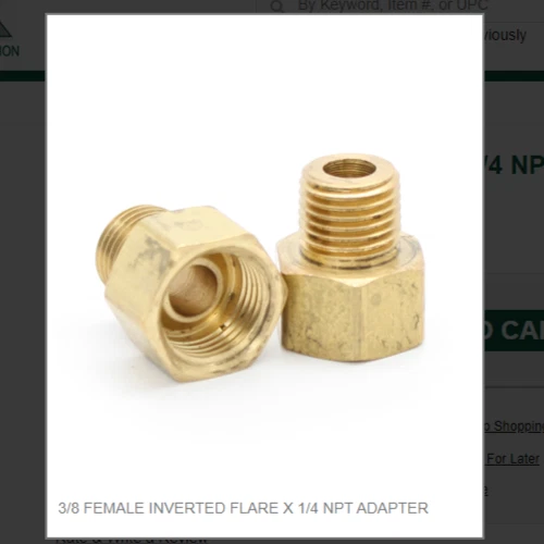 APEX 3/8 FEMALE INVERTED FLARE X 1/4 NPT ADAPTER (1) One, # 200-64, Midland# 12048