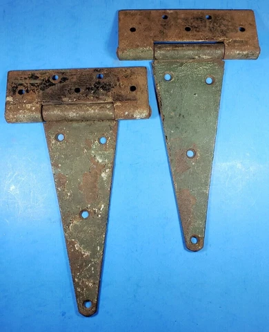 Barn Door Hinges T Strap 12 1/4" Long x  7 1/8" Barrel Worn Green Paint Antique Cover