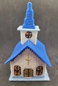 Cross-Stitch Church Trinket Dresser Box Yarn Plastic Blue White Gold Cross Vtg - Picture 1 of 10