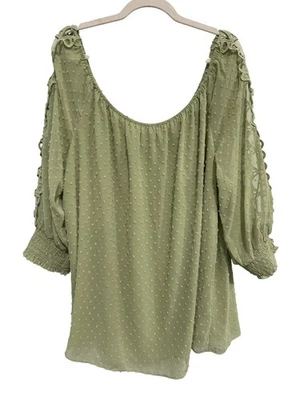 Blusa Cato Talla Grande 22/24W Clip Punto Encaje Manga Puños Calados Verde Boho Chic Foto 1 de 4