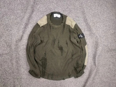 Calvin Klein 205W39NYC Style Distressed Green Military Ribbed Crewneck Sweater - Image 1 of 4