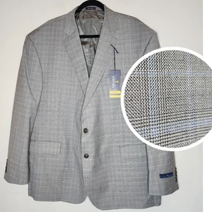 NWT Stafford Size 52 Big Travel Blazer Wool Blend Grey Blue Plaid Men's 2-button - Picture 1 of 16