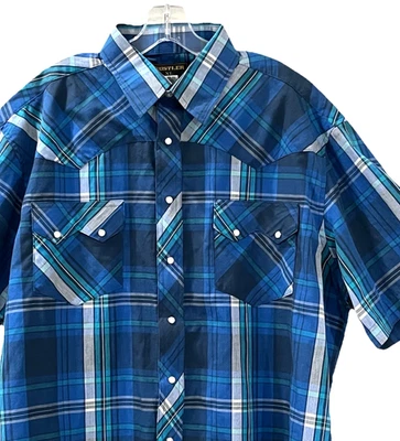 Camisa Occidental Rustler by Wrangler Para Hombre XL Azul A Cuadros Manga Corta Perla Broches de presión Foto 1 de 4