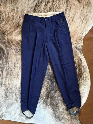 Calça de esqui gabardine azul marinho masculina slalom vintage década de 1940 estribos bolsos com zíper - Imagem 1 de 4