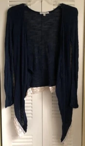 Say What Women’s Size Small Open Front Cardigan Navy w/Beige Crochet Edging EUC - Picture 1 of 4