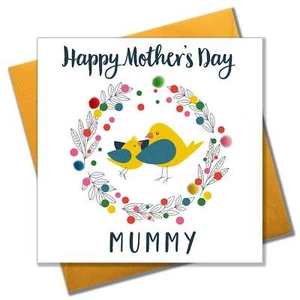 Mother's Day Card, Mummy Bird, Mummy, Embellished with colourful pompoms - Picture 1 of 4