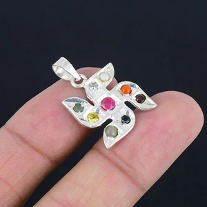 PURE SILVER PENDANT NAVRATNA MULTI GEMSTONES KAVACH TILISMAN FREESHIP - Foto 1 di 2