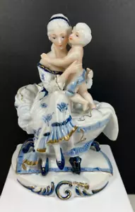 Vintage Arnart Crown KPM Victorian Woman & Child Blue & White Porcelain Figurine - Picture 1 of 8