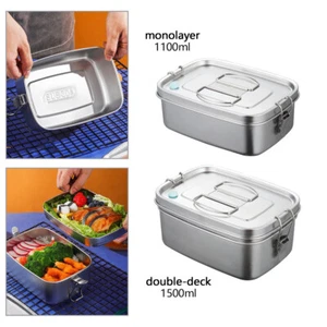 Stainless Steel 1100/1500 ml Double Layer Lunch Box Square Sealed Large Capacity - Picture 1 of 14