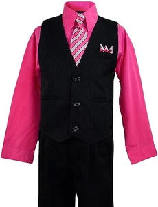 Fuchsia Formal Boys Pinstripe Vest Suit Set Holiday Infant Toddler Big Boy Sizes - Picture 1 of 1
