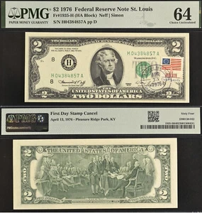 1976 $2 Federal Reserve Note PMG 64 - First Day Stamp Cancel - Ridge Park, KY - Picture 1 of 3