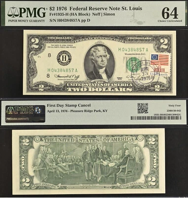 1976 $2 Federal Reserve Note PMG 64 - First Day Stamp Cancel - Ridge Park, KY - Image 1 of 3