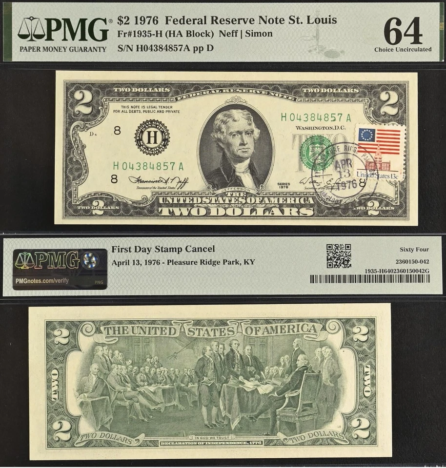 1976 $2 Federal Reserve Note PMG 64 - First Day Stamp Cancel - Ridge Park, KY - Image 1 of 3